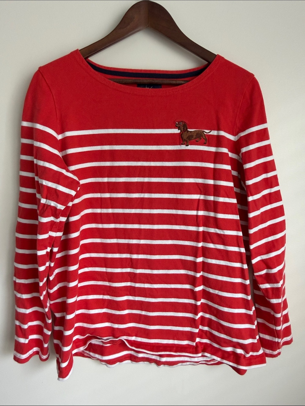 Joules Red & White Striped Long-Sleeve Tee with Dachshund Embroidery